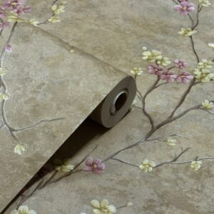 Papel de Parede Flores e Galhos Marrom, Amarelo e Rosa - PDFV108