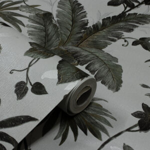 Papel de Parede Flores Cinza e Verde Escuro PDF0002