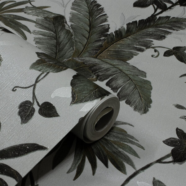 Papel de Parede Flores Cinza e Verde Escuro PDF0002