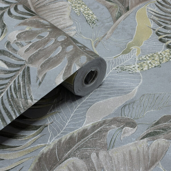 Papel de Parede Flores Cinza Claro e Verde PDF1709
