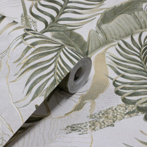 Papel de Parede Flores Folhas Verde com Off White PDF0005