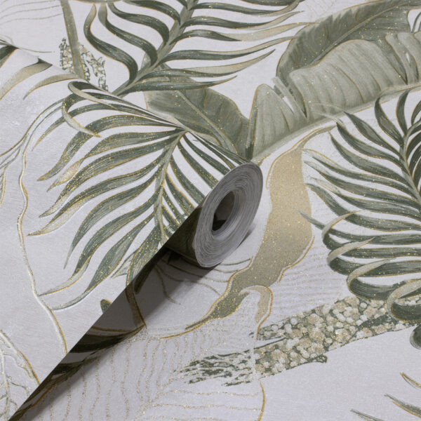 Papel de Parede Flores Folhas Verde com Off White PDF0005