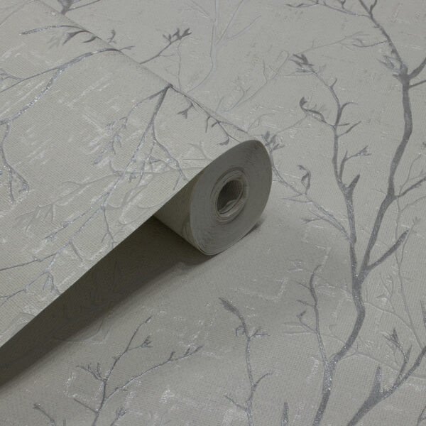 Papel de Parede Galhos Off White c/ Cinza e Brilho- PDF2013