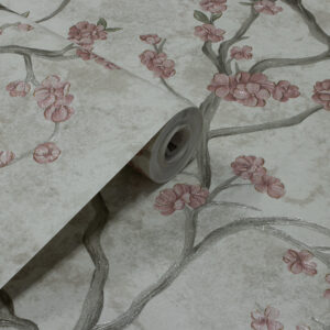 Papel de Parede Flores e Galhos Off White, Cinza e Rosa - PDFV406