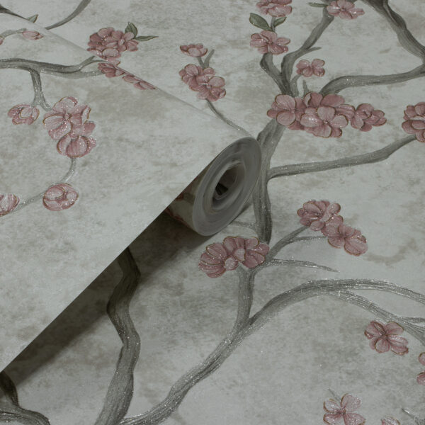 Papel de Parede Flores e Galhos Off White, Cinza e Rosa - PDFV406