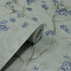 Papel de Parede Flores e Galhos Cinza, Verde e Azul - PDFV403