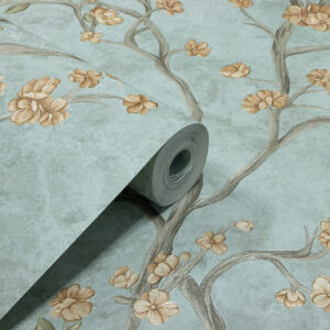 Papel de Parede Flores e Galhos Cinza, Verde e Laranja - PDFV405