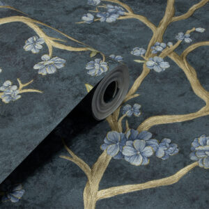 Papel de Parede Flores e Galhos Dourado, Azul - PDFV407
